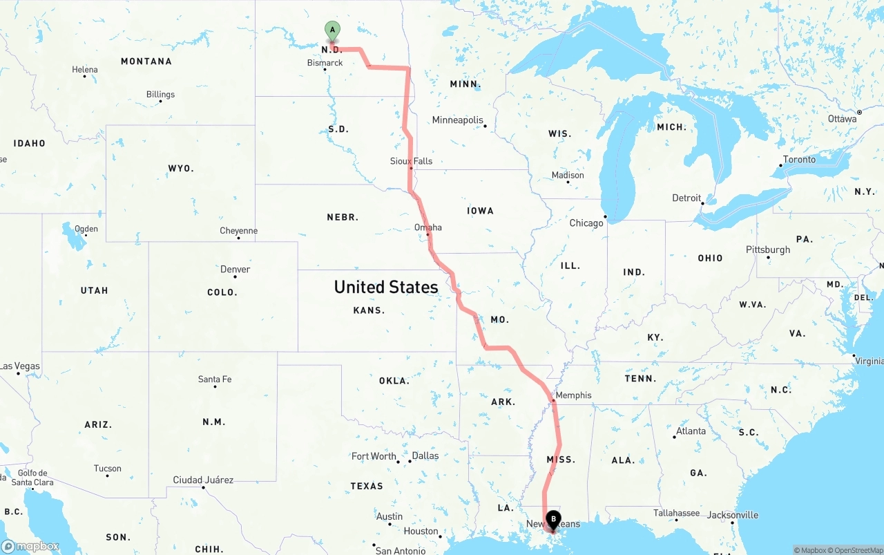 Shipping route from North Dakota to Port of New Orleans