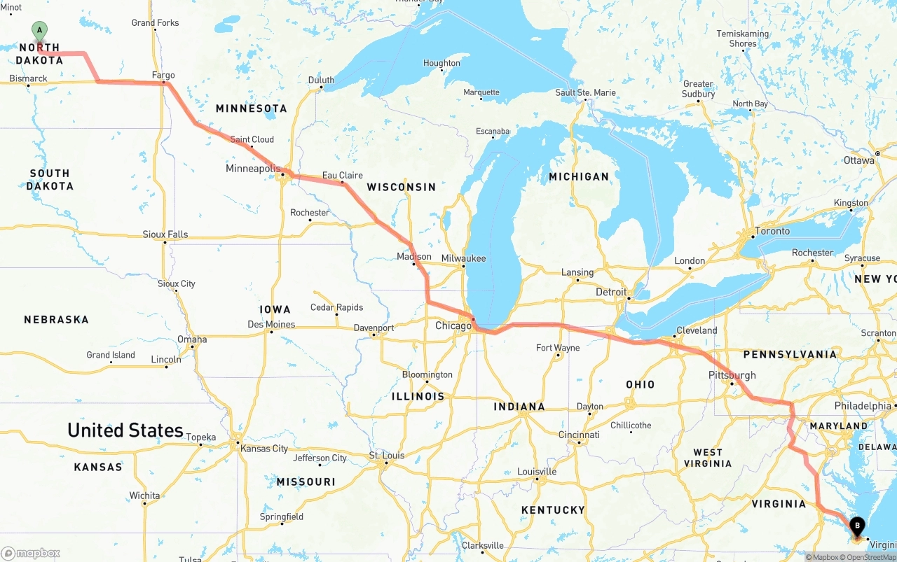 Shipping route from North Dakota to Port of Norfolk