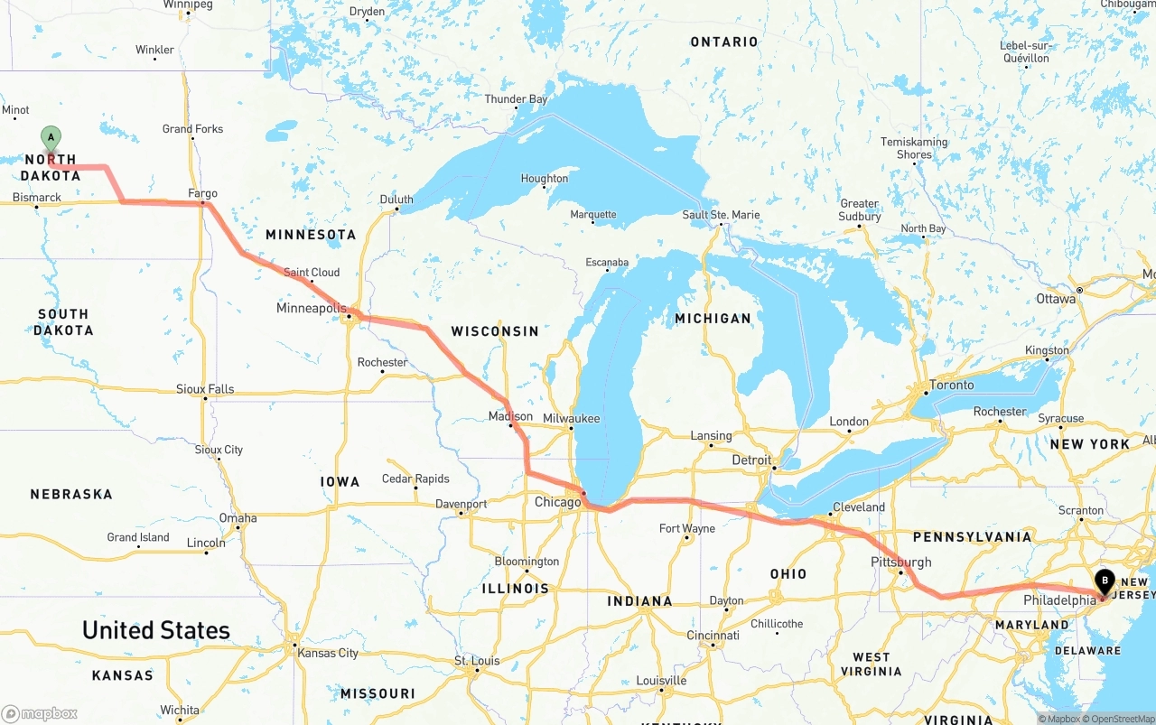 Shipping route from North Dakota to Port of Philadelphia