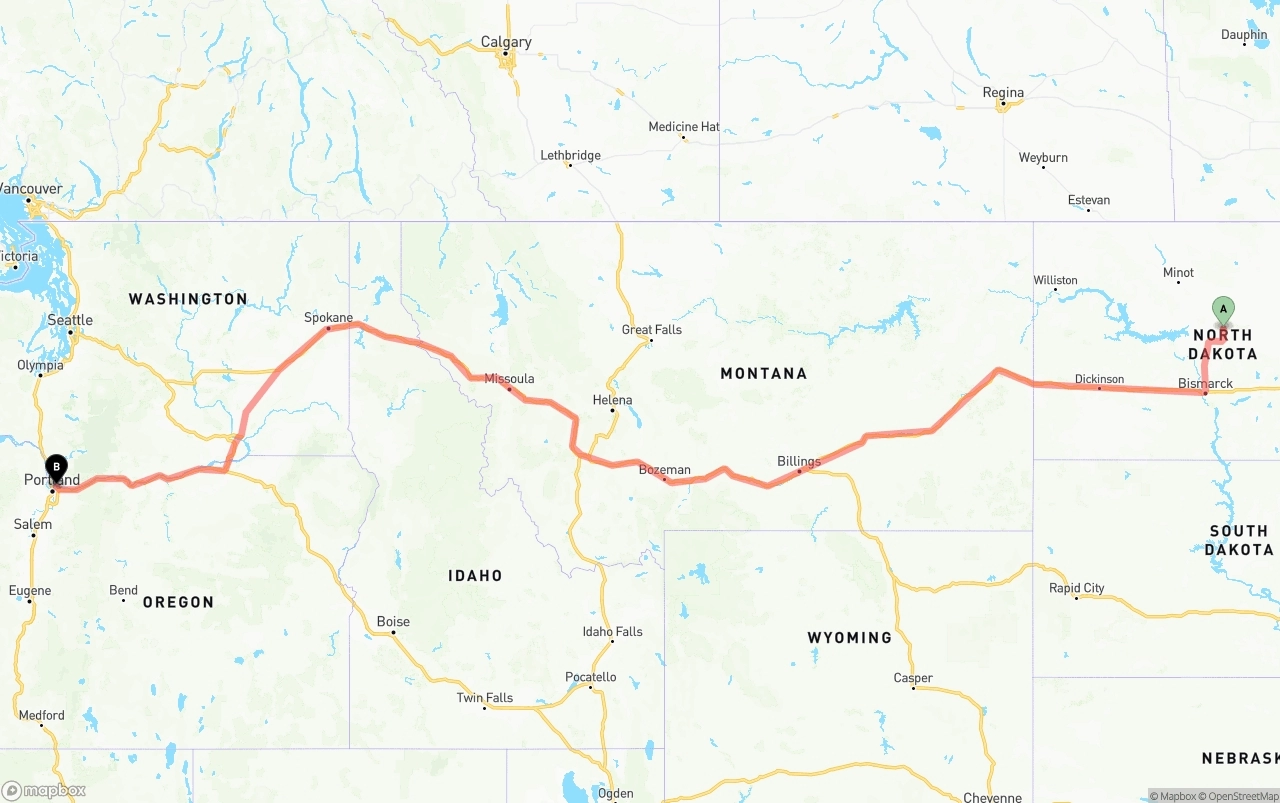 Shipping route from North Dakota to Port of Portland