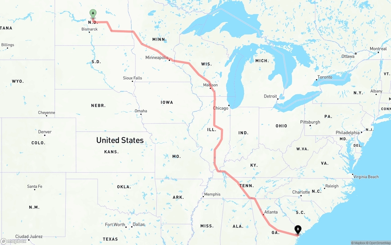 Shipping route from North Dakota to Port of Savannah