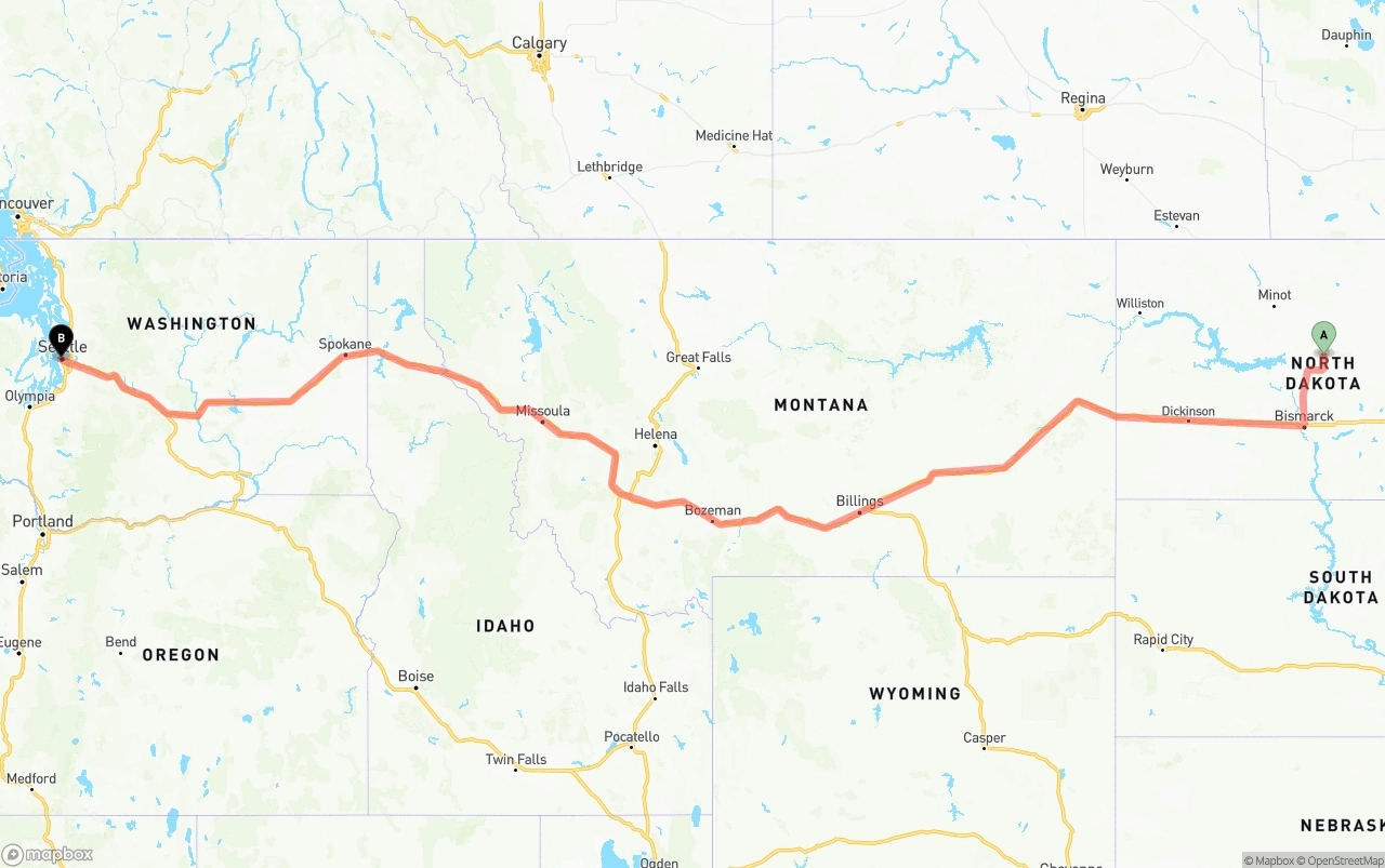 Shipping route from North Dakota to Port of Seattle