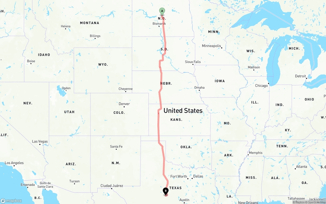 Shipping route from North Dakota to Texas