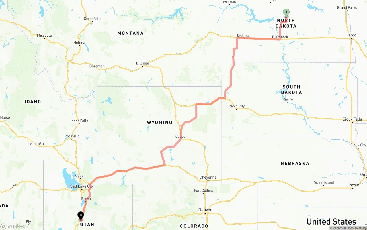Shipping route from North Dakota to Utah