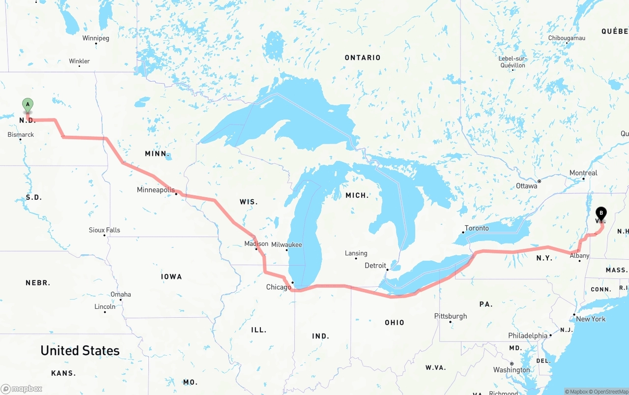 Shipping route from North Dakota to Vermont