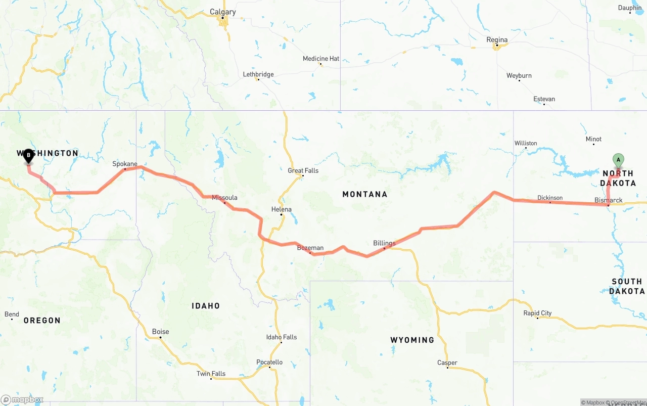 Shipping route from North Dakota to Washington