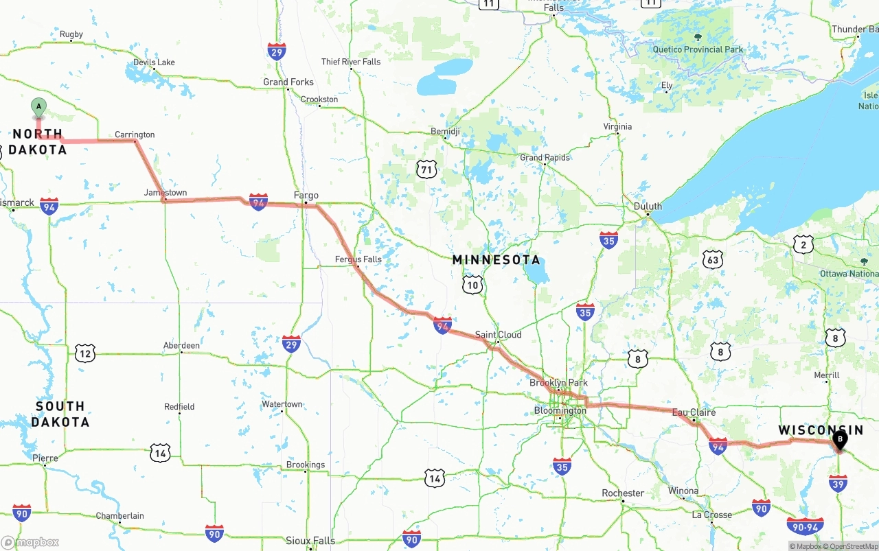 Shipping route from North Dakota to Wisconsin