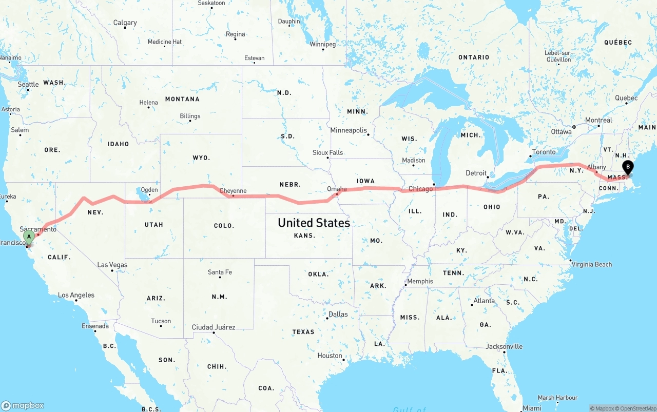 Shipping route from Oakland to Boston