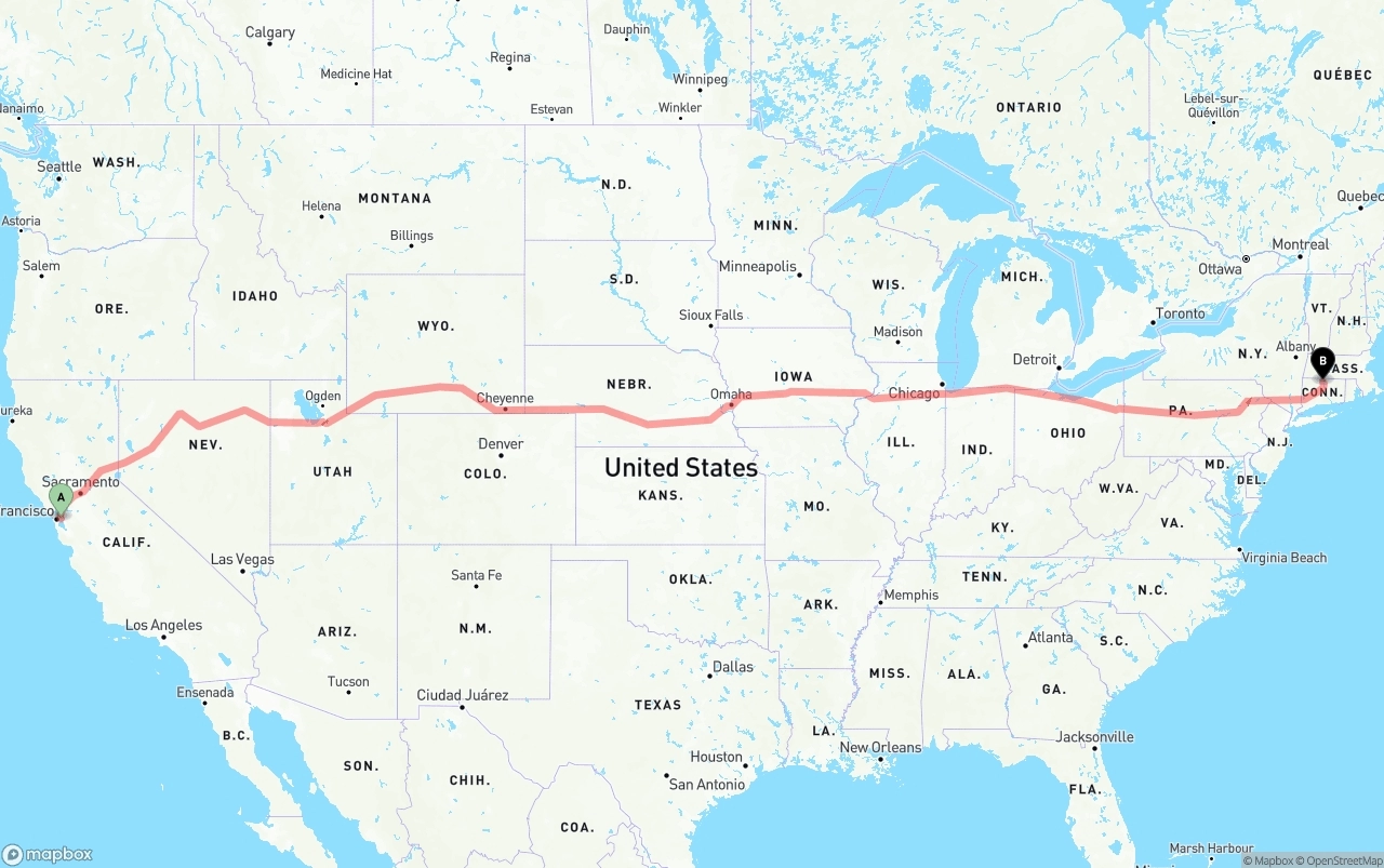 Shipping route from Oakland to Bradley International Airport
