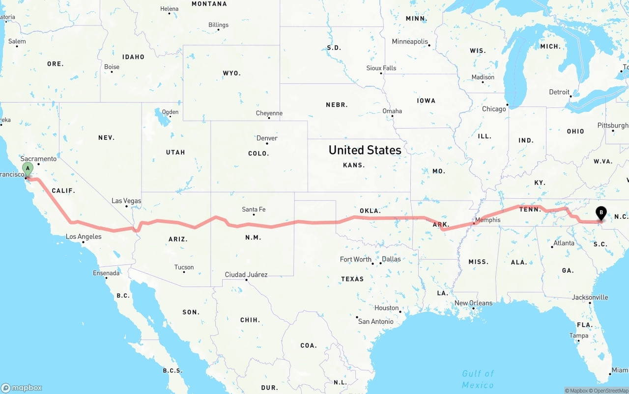 Shipping route from Oakland to Charlotte