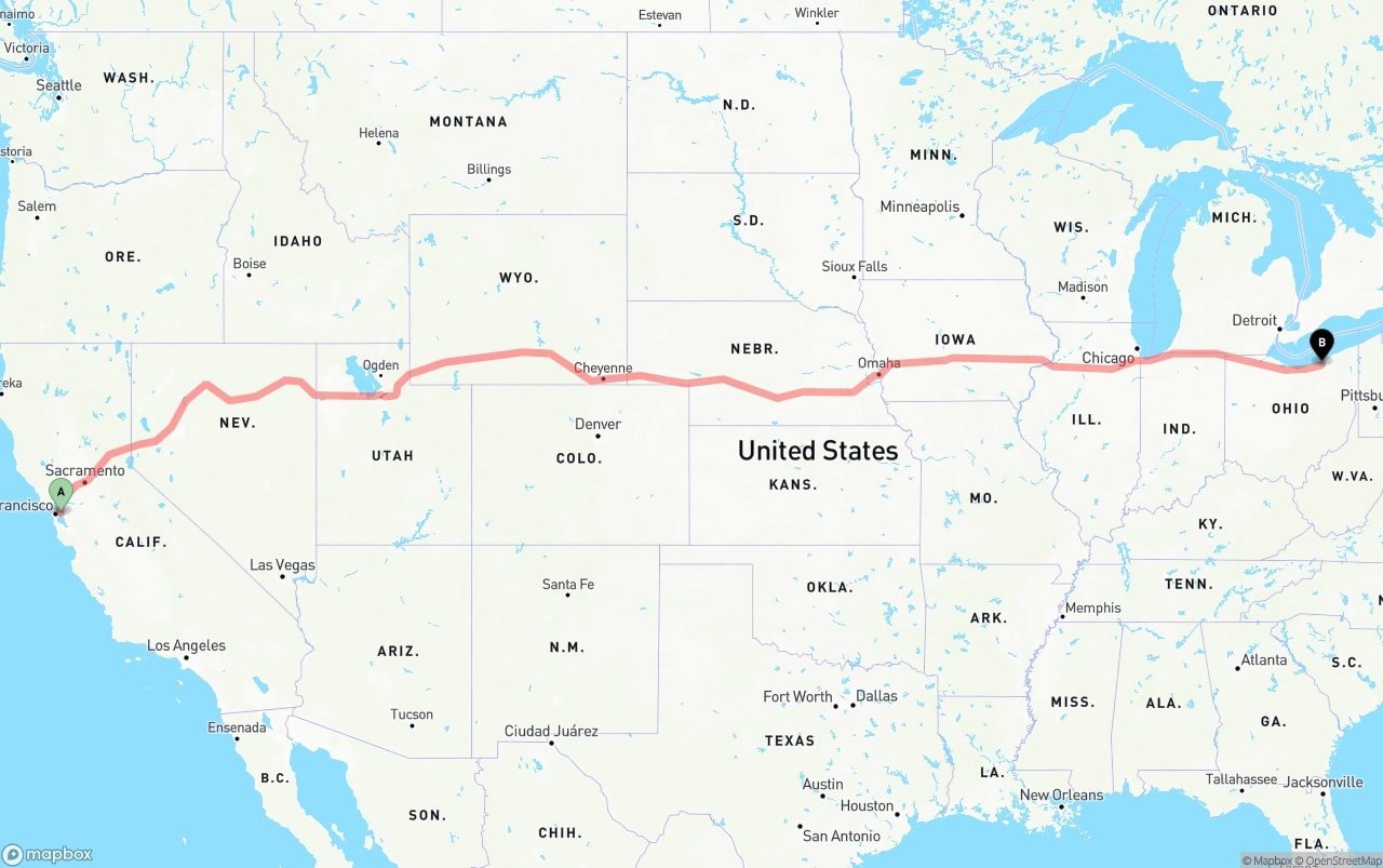 Shipping route from Oakland to Cleveland