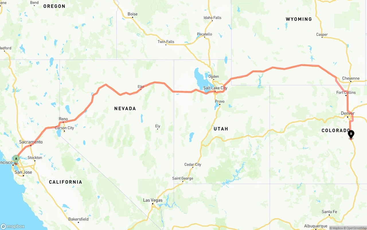 Shipping route from Oakland to Colorado Springs