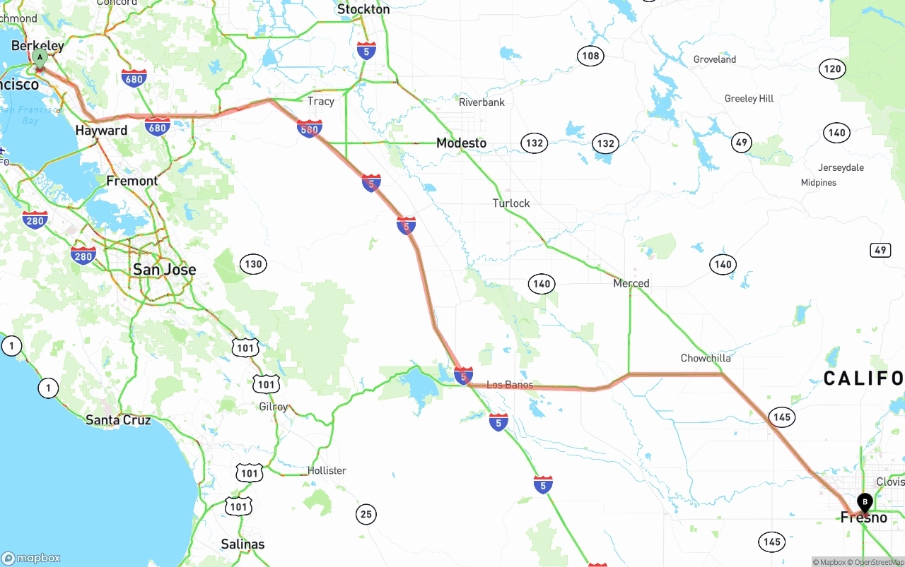 Shipping route from Oakland to Fresno