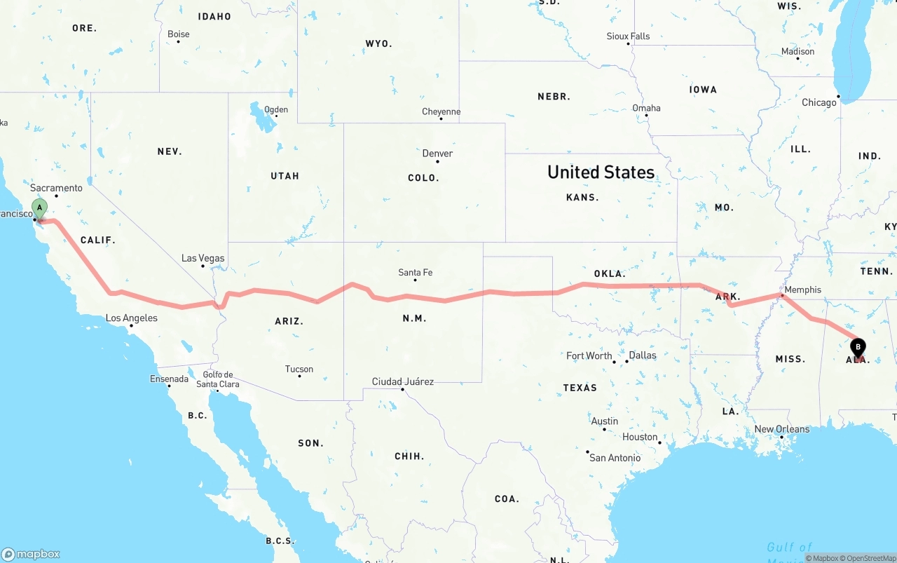 Shipping route from Oakland International Airport to Alabama