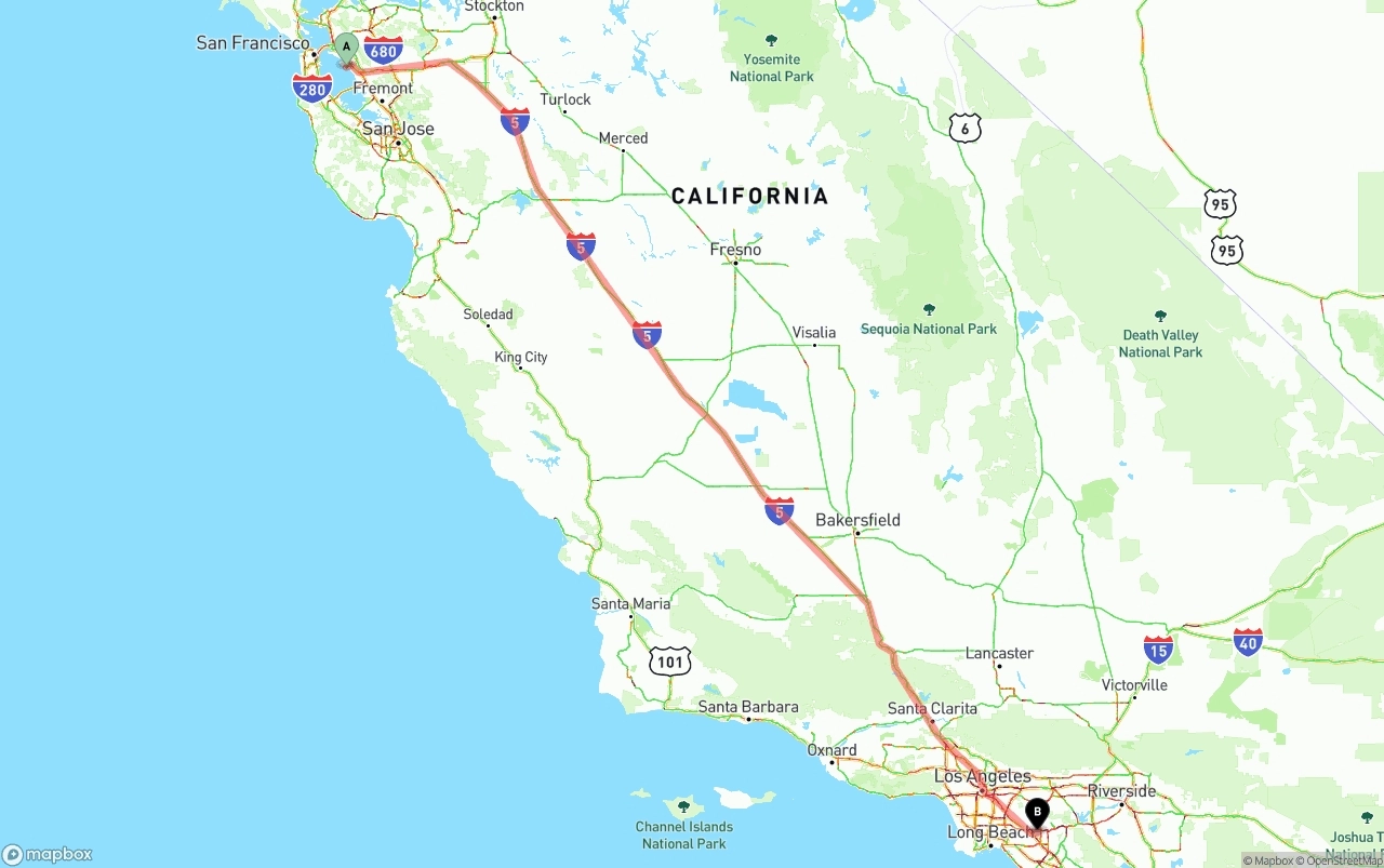 Shipping route from Oakland International Airport to Anaheim