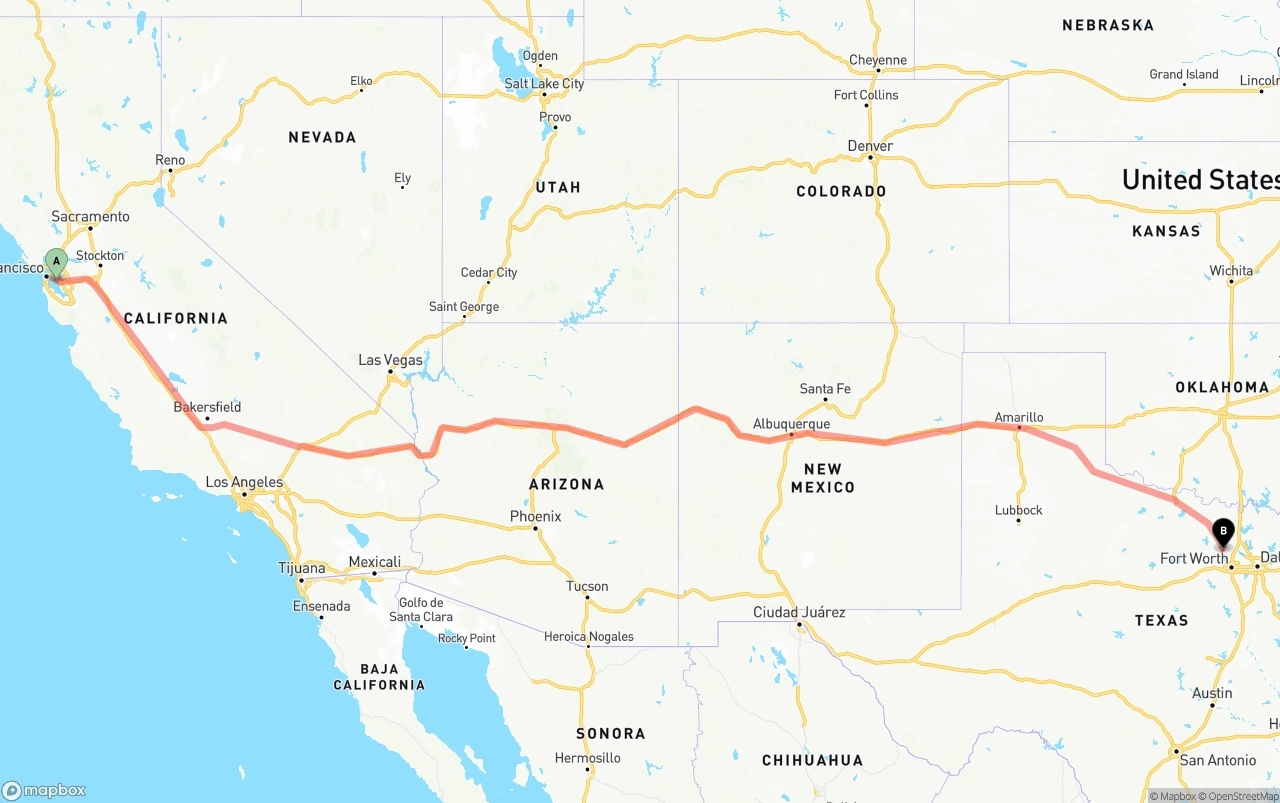 Shipping route from Oakland International Airport to Aurora