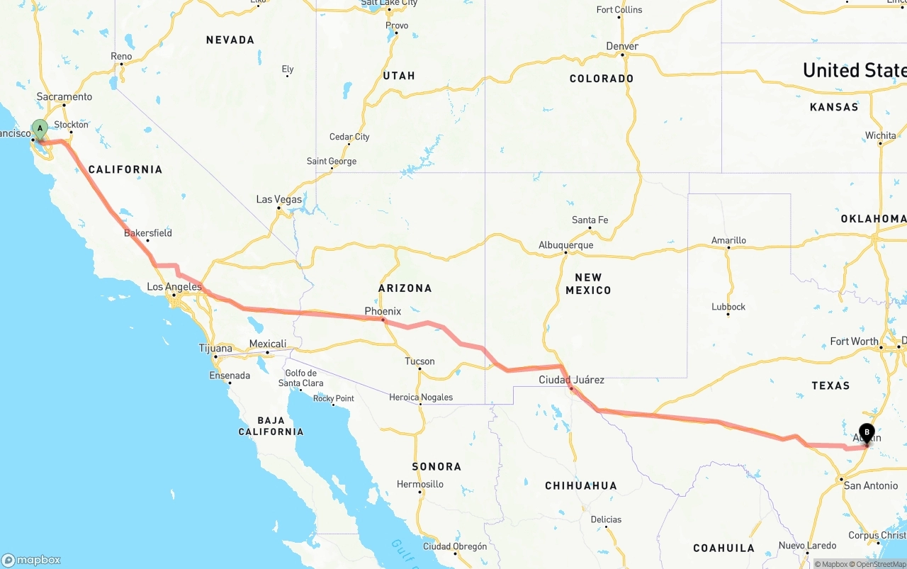 Shipping route from Oakland International Airport to Austin
