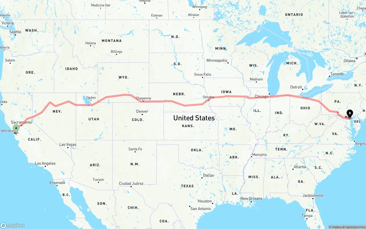 Shipping route from Oakland International Airport to Baltimore