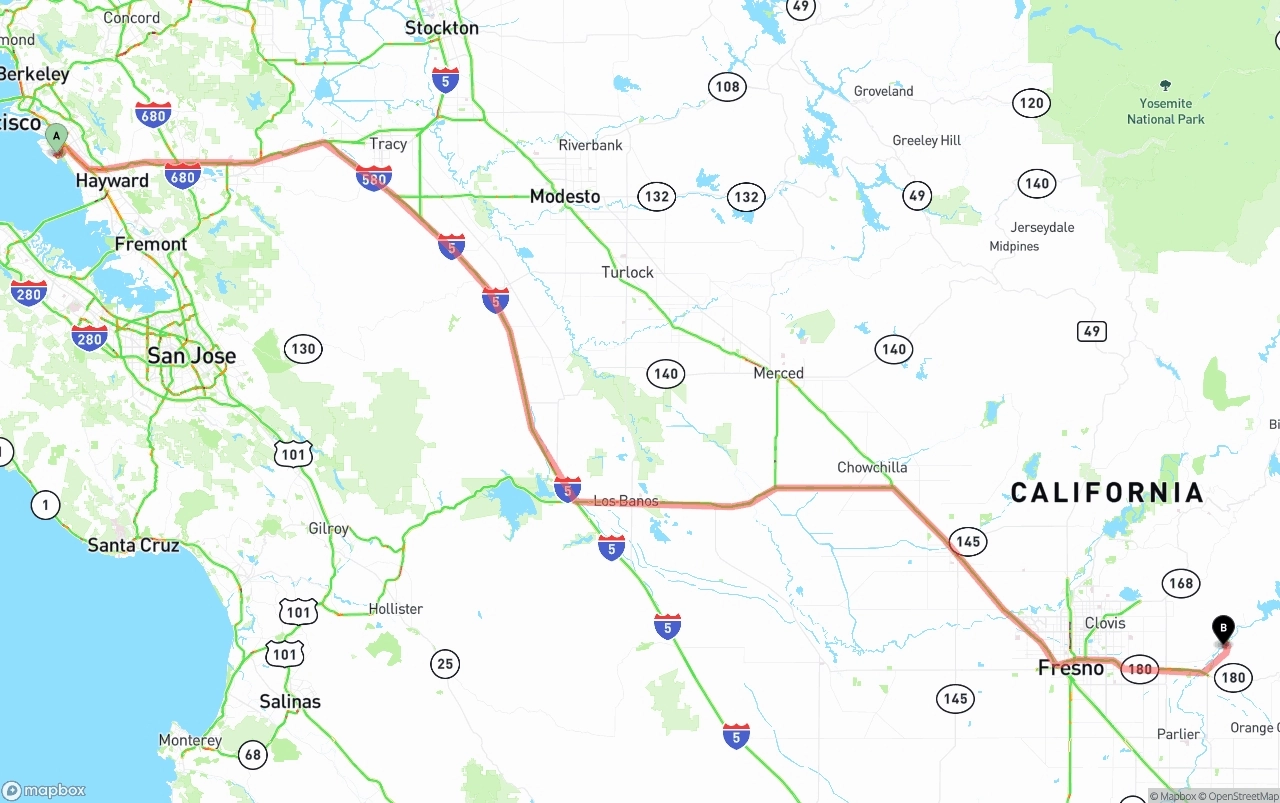 Shipping route from Oakland International Airport to California