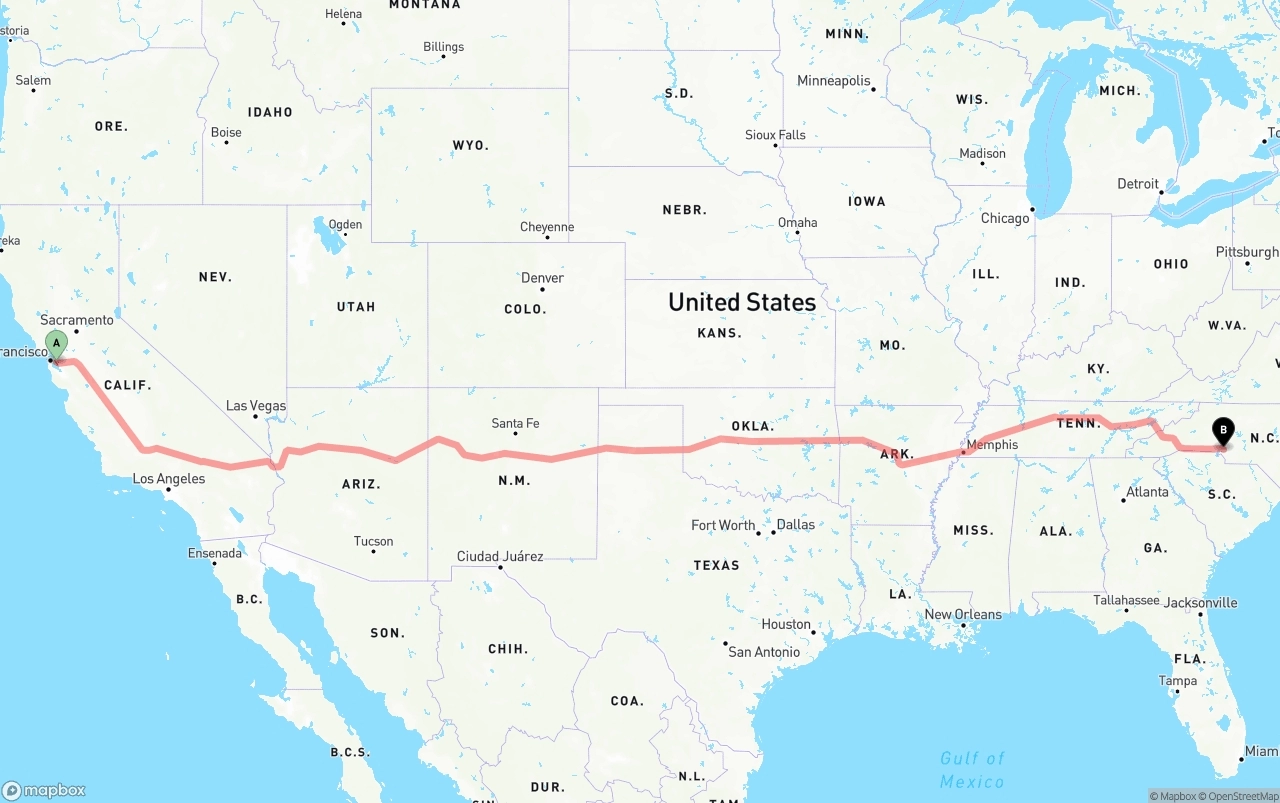 Shipping route from Oakland International Airport to Charlotte