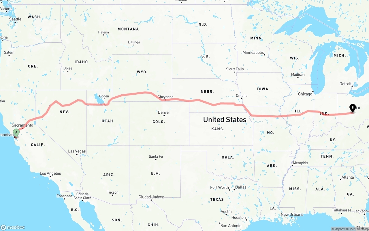 Shipping route from Oakland International Airport to Columbus