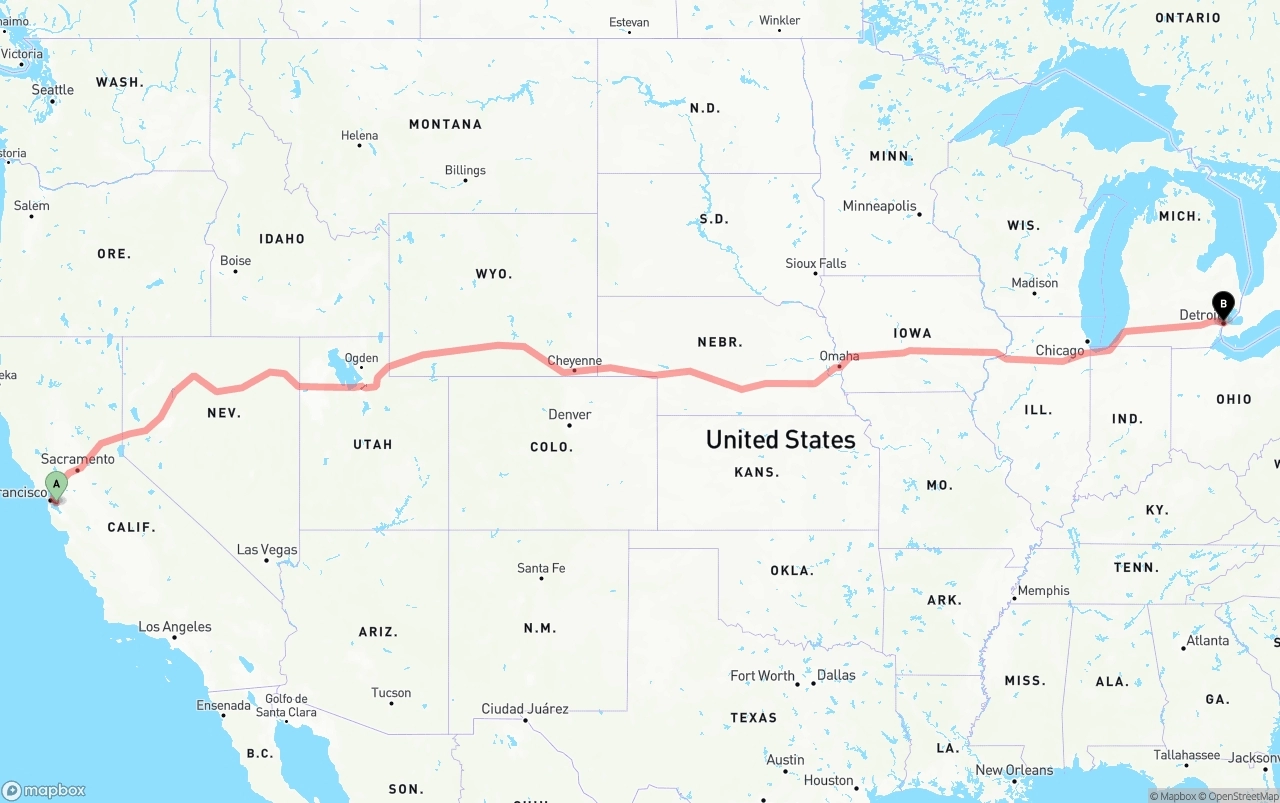 Shipping route from Oakland International Airport to Detroit