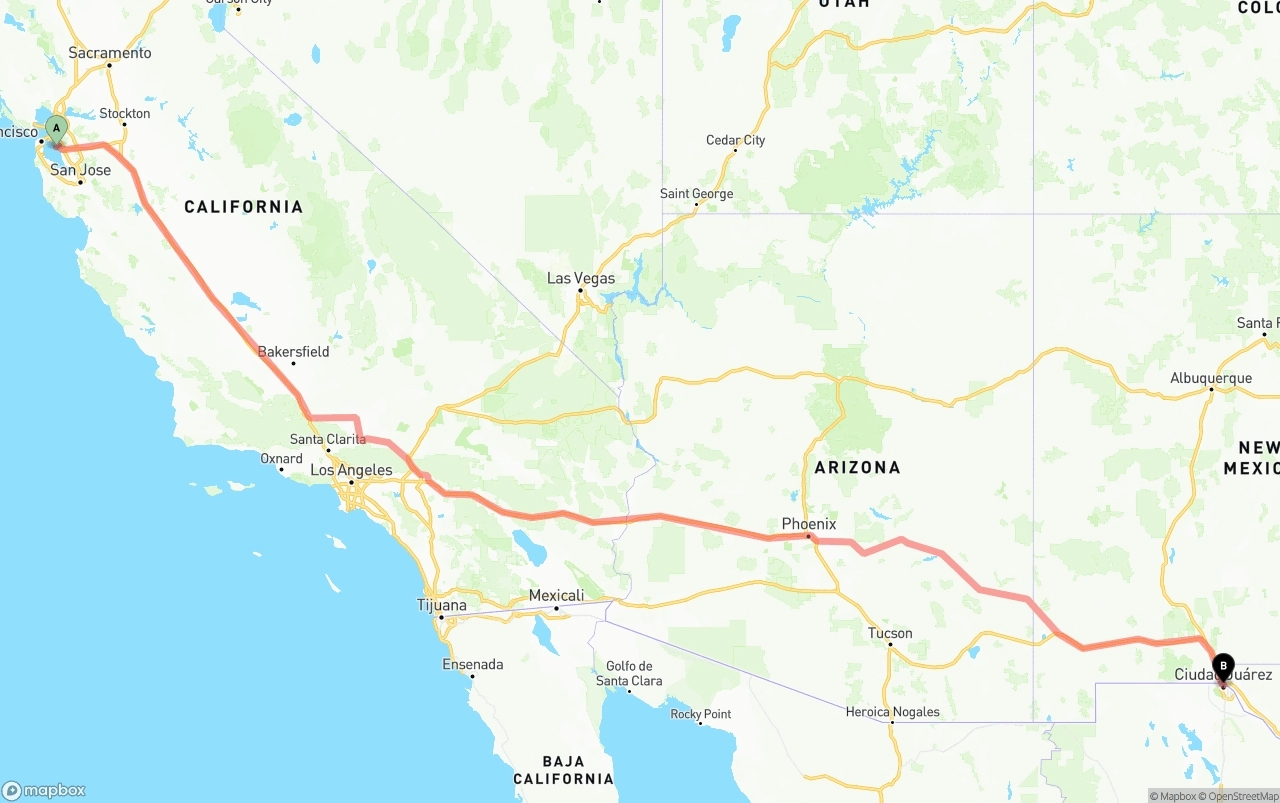 Shipping route from Oakland International Airport to El Paso
