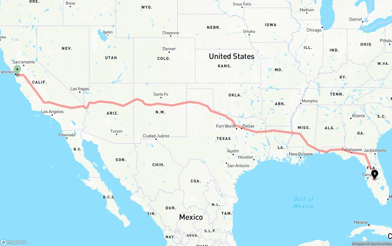 Shipping route from Oakland International Airport to Florida