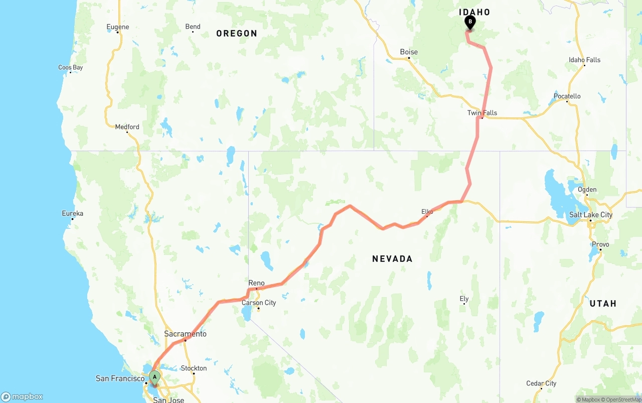 Shipping route from Oakland International Airport to Idaho