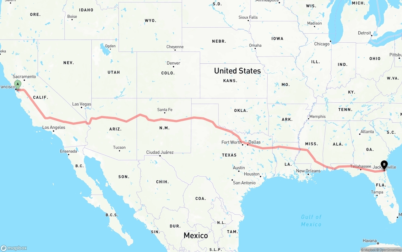 Shipping route from Oakland International Airport to Jacksonville