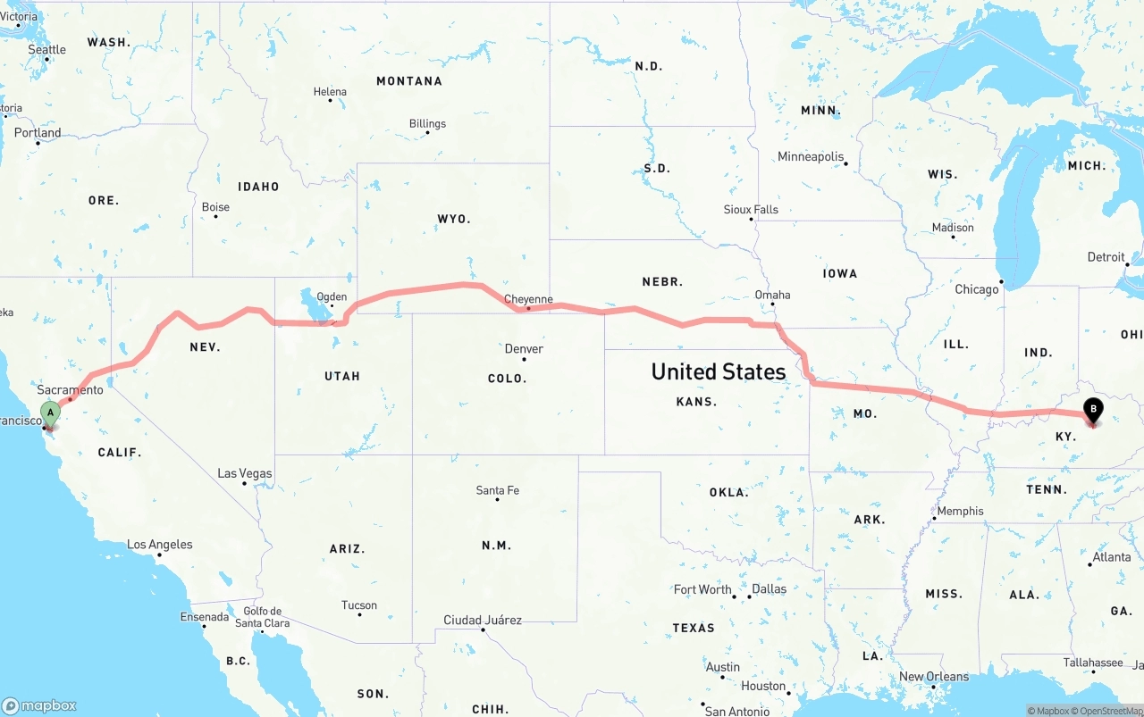 Shipping route from Oakland International Airport to Kentucky