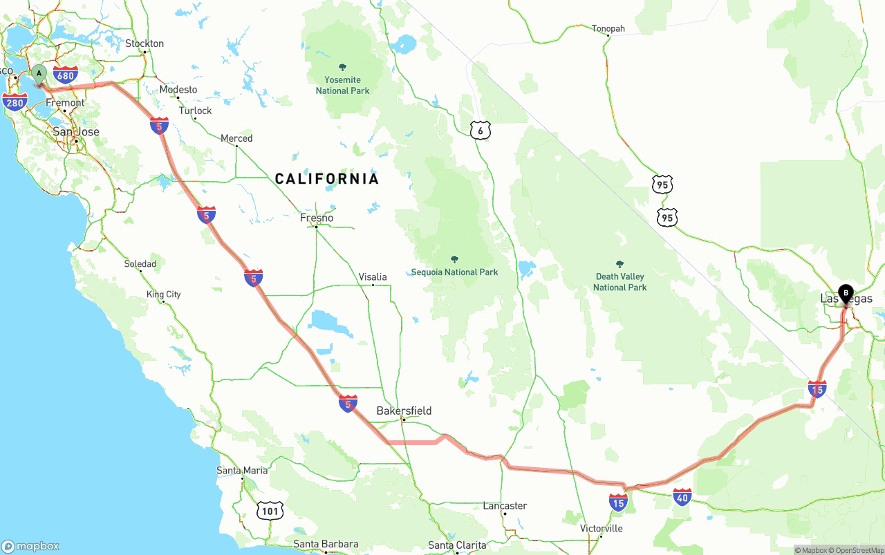 Shipping route from Oakland International Airport to Las Vegas