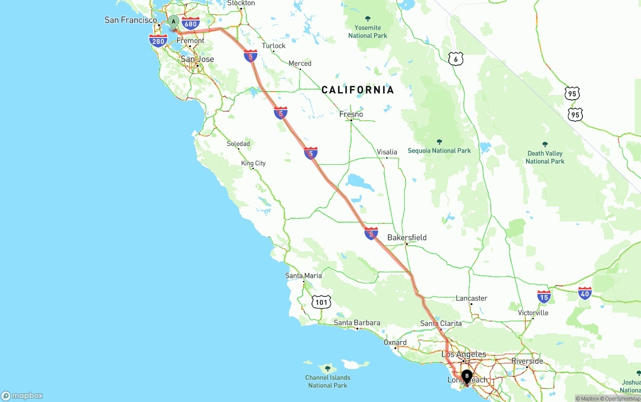 Shipping route from Oakland International Airport to Long Beach