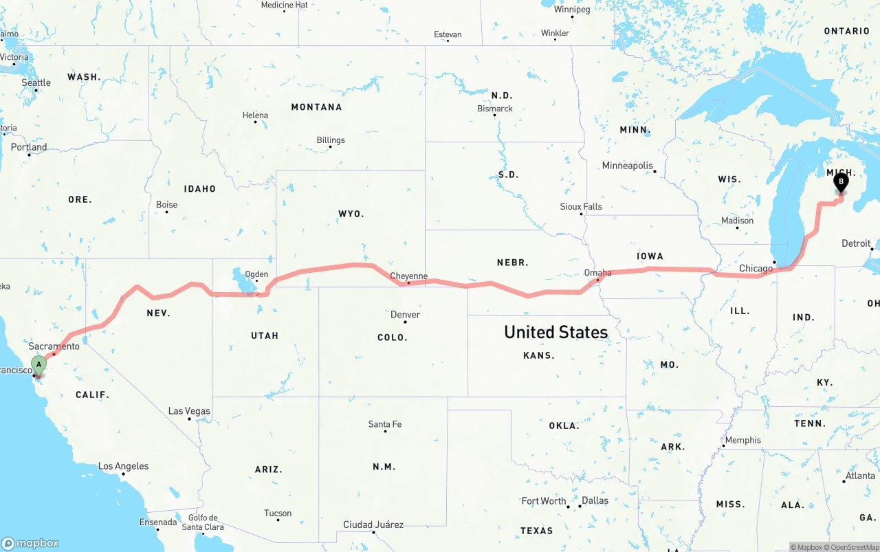 Shipping route from Oakland International Airport to Michigan