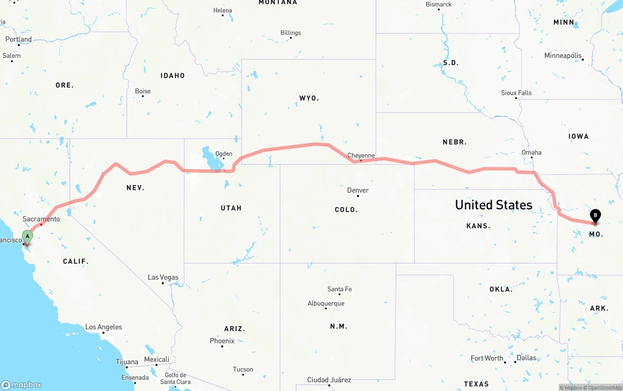 Shipping route from Oakland International Airport to Missouri