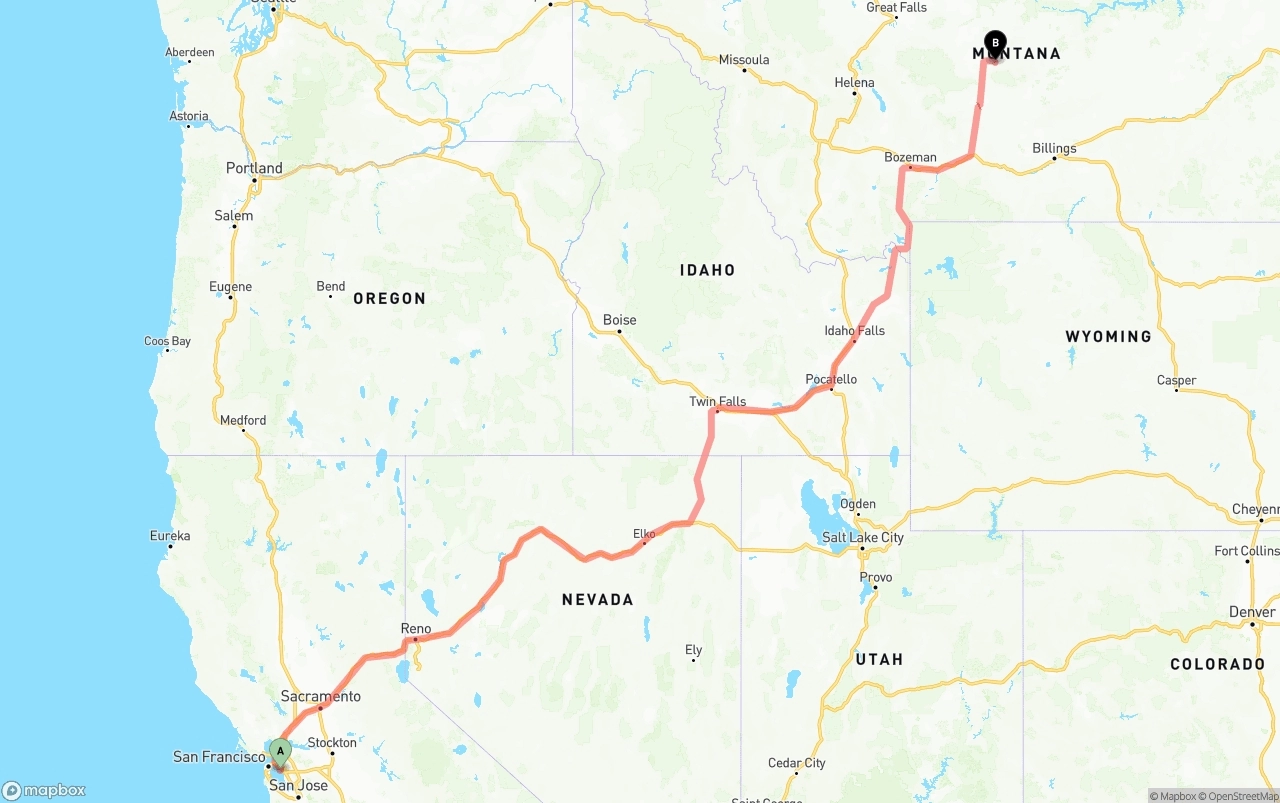 Shipping route from Oakland International Airport to Montana