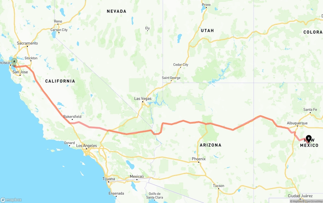 Shipping route from Oakland International Airport to New Mexico