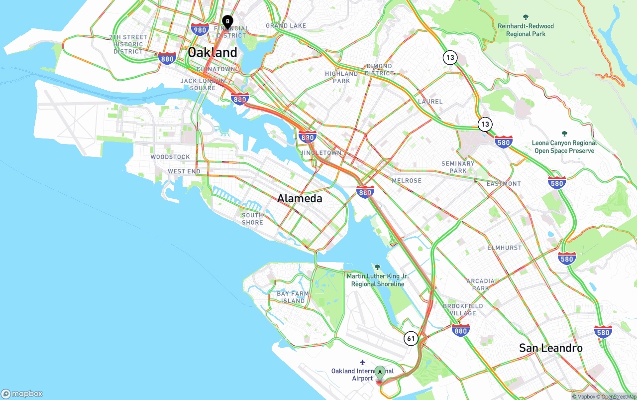 Shipping route from Oakland International Airport to Oakland
