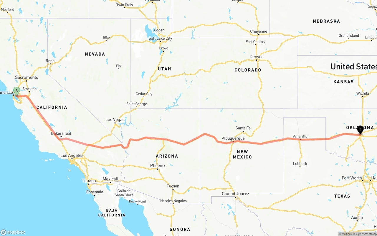 Shipping route from Oakland International Airport to Oklahoma City
