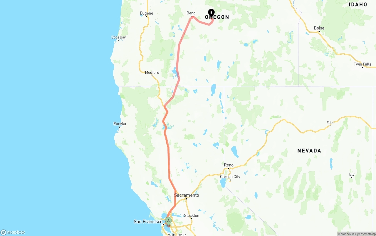 Shipping route from Oakland International Airport to Oregon