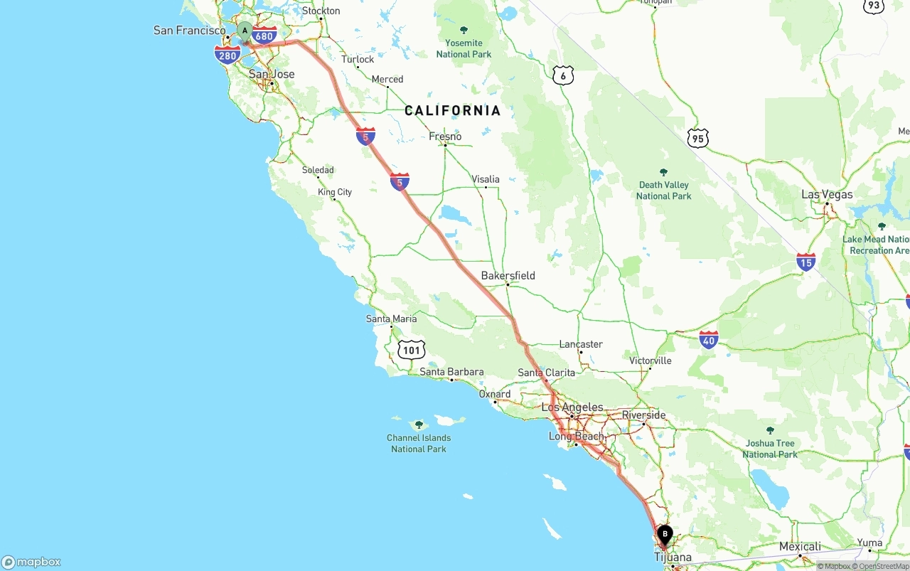 Shipping route from Oakland International Airport to San Diego