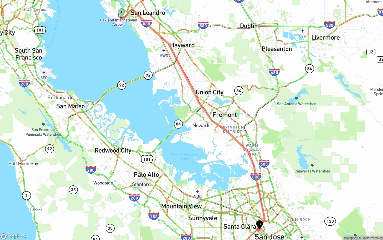 Shipping route from Oakland International Airport to San Jose