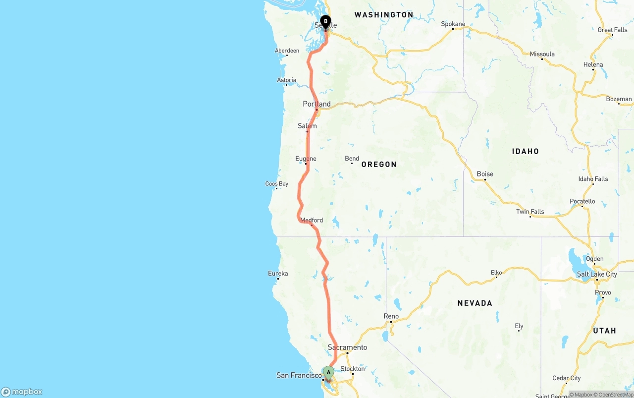 Shipping route from Oakland International Airport to Seattle
