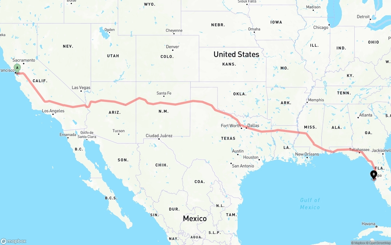 Shipping route from Oakland International Airport to St. Petersburg