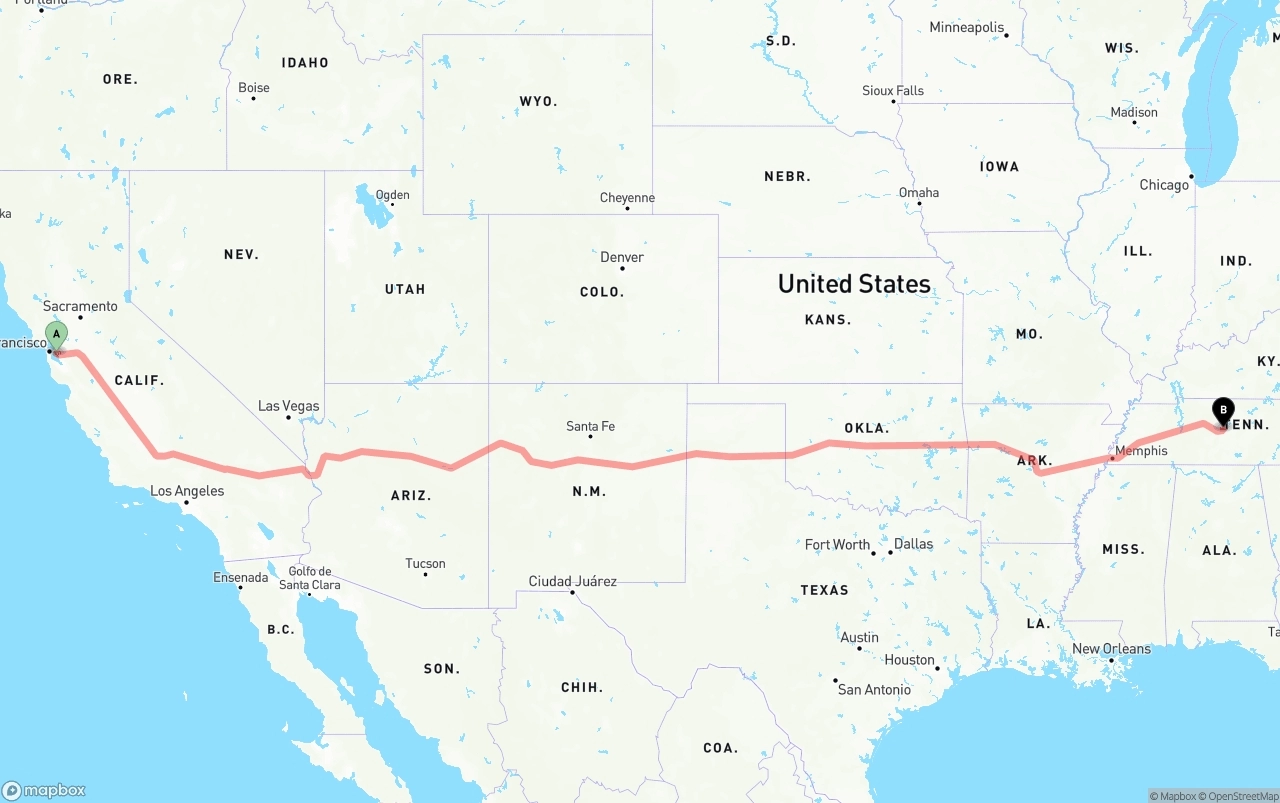 Shipping route from Oakland International Airport to Tennessee
