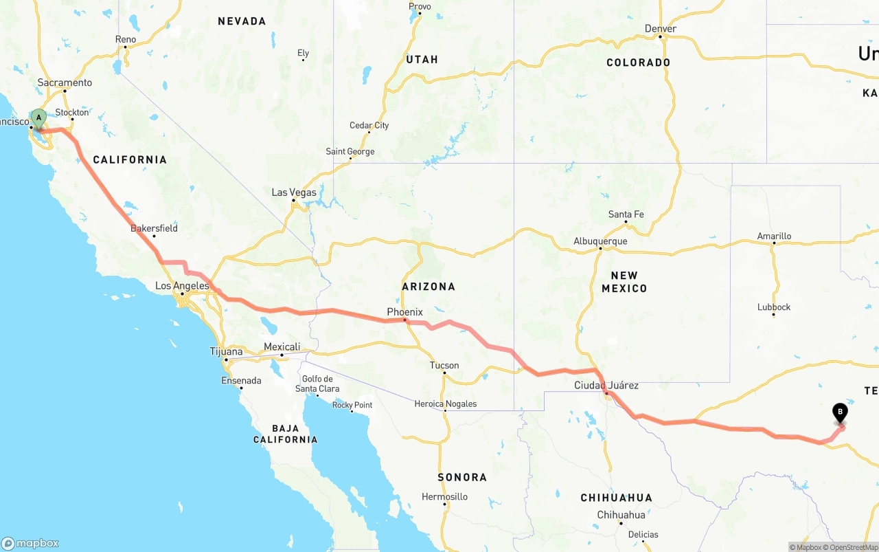 Shipping route from Oakland International Airport to Texas