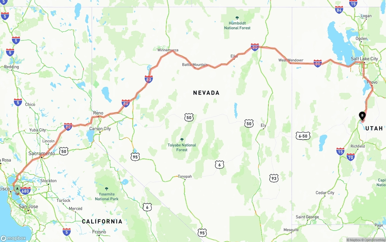 Shipping route from Oakland International Airport to Utah