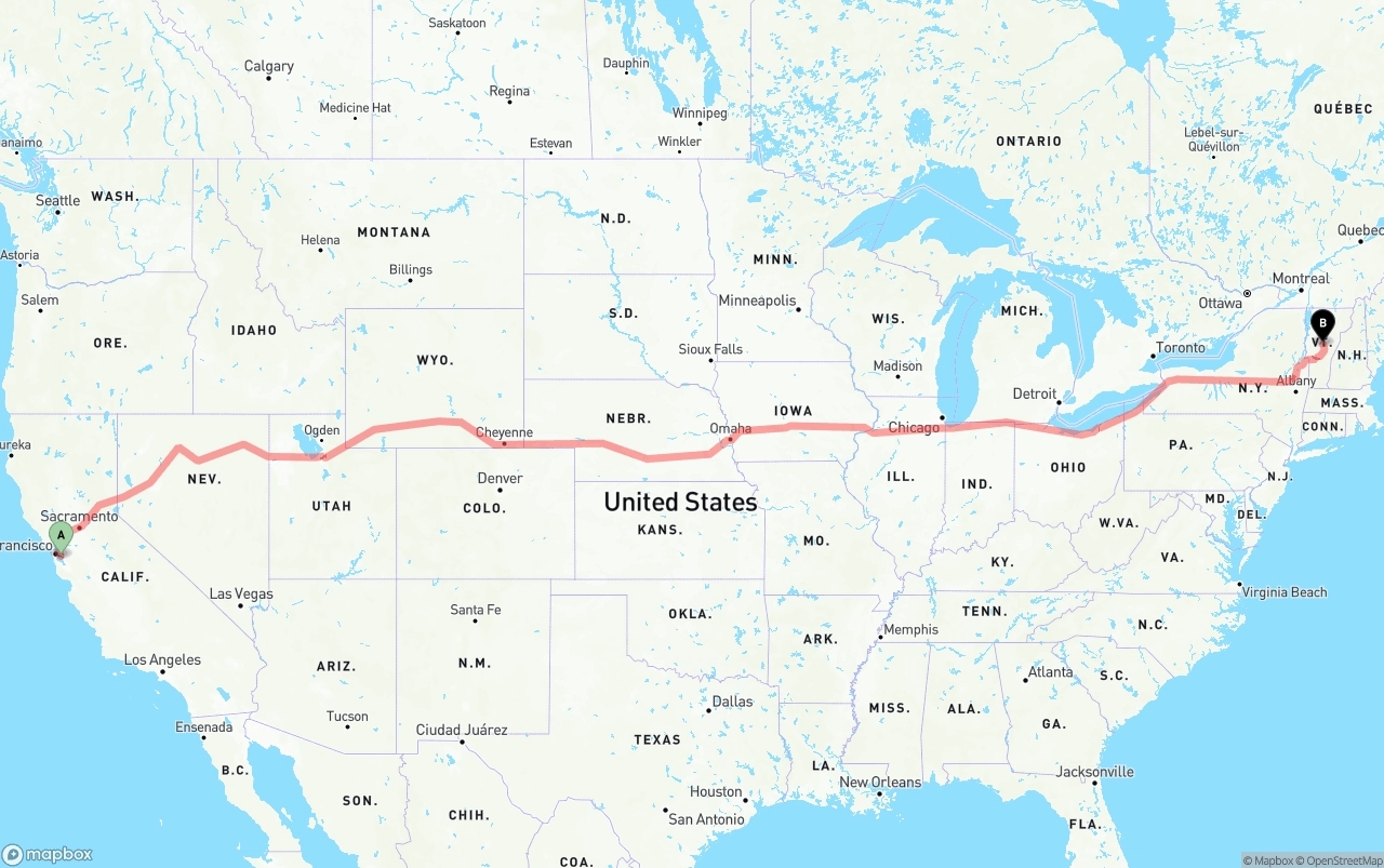 Shipping route from Oakland International Airport to Vermont