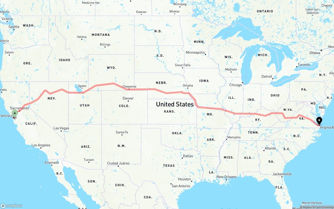 Shipping route from Oakland International Airport to Virginia Beach