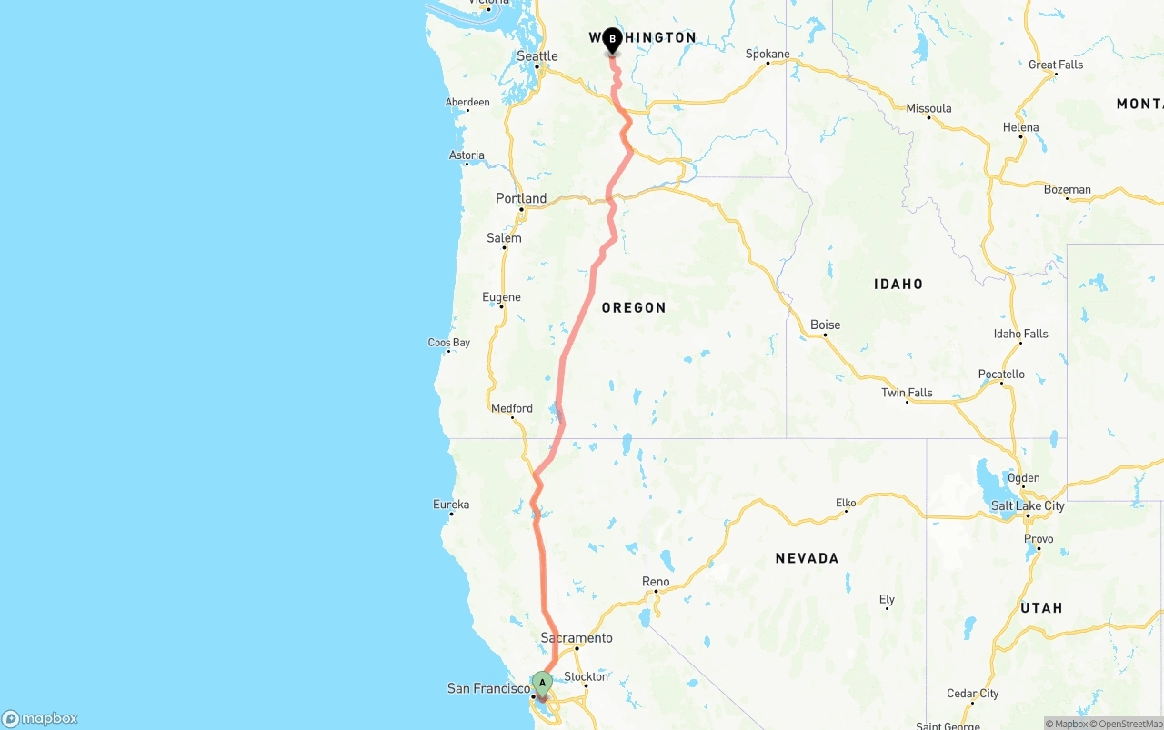 Shipping route from Oakland International Airport to Washington